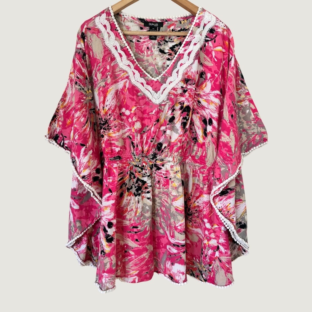 Style & Co Woman Pink Floral Cotton Kaftan Top 3X Crochet Lace Trim Boho Blouse